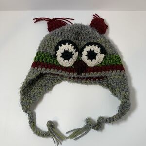 Gray Green Red Handmade Monster Beanie Winter Knit Hat with Ear Flaps